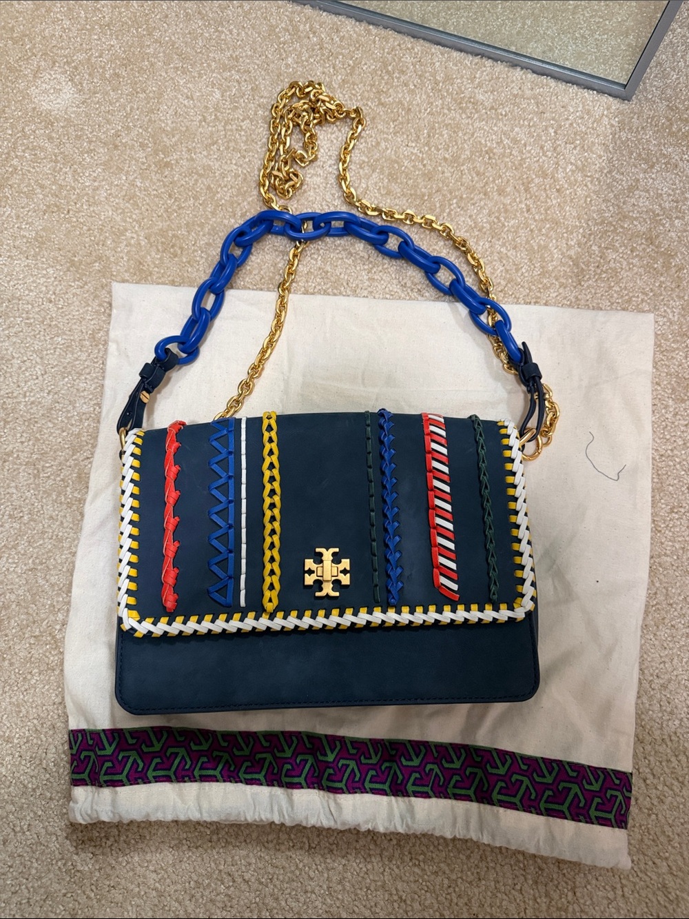 Tory Burch Navy Shoulder Bag with Multicolor Whipstitch and Gold Chain